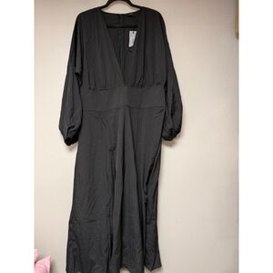 VONDA Maxi Dress Women 2XL Black NEW V-Neck Lantern Sleeve Elegant Solid 8675